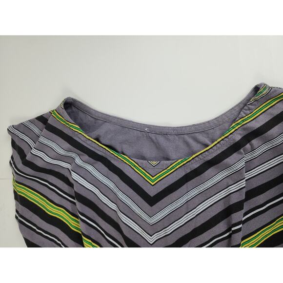 Summer Dress Gray & Lime Green Striped V-Neck Black Belted Skirt Women's Size M - Picture 6 of 6